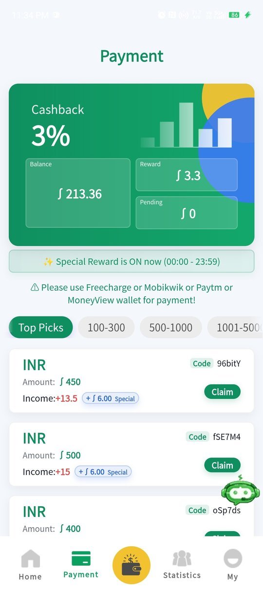 QQ Pay Payment screen – Payment tasks with 3% cashback